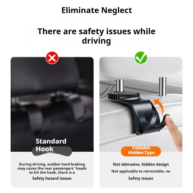 Comparison of a standard hook and a foldable hidden type hook for car use, highlighting safety issues.