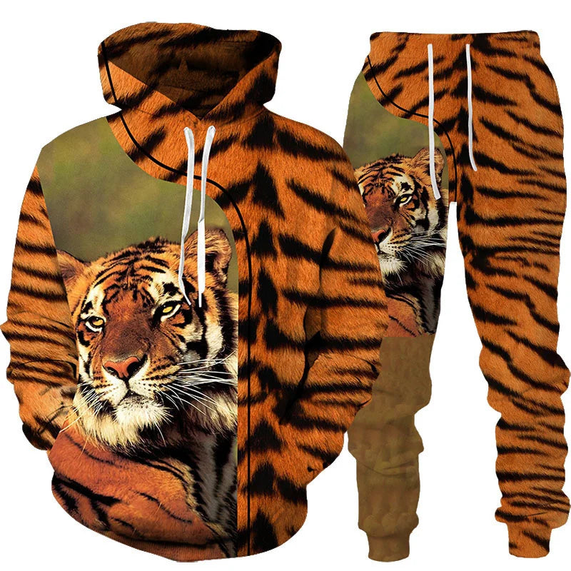 Men's 3D Tiger Print Hoodie & Pants Tracksuit Set – 2-Piece Sportswear