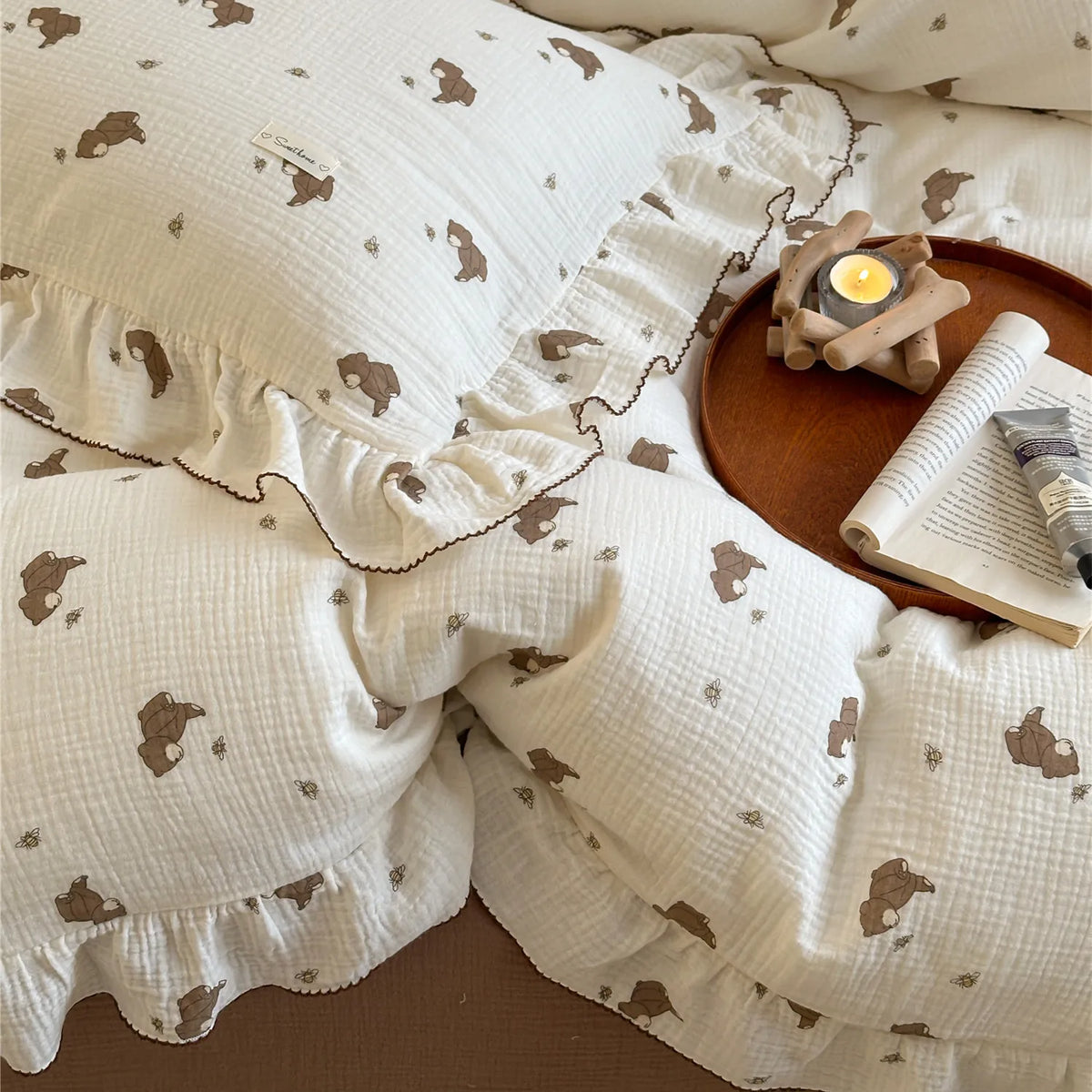 Princess Ruffle Bedding Set – 100% Cotton Gauze Duvet Cover with Pillowcases, Floral, 3-Piece