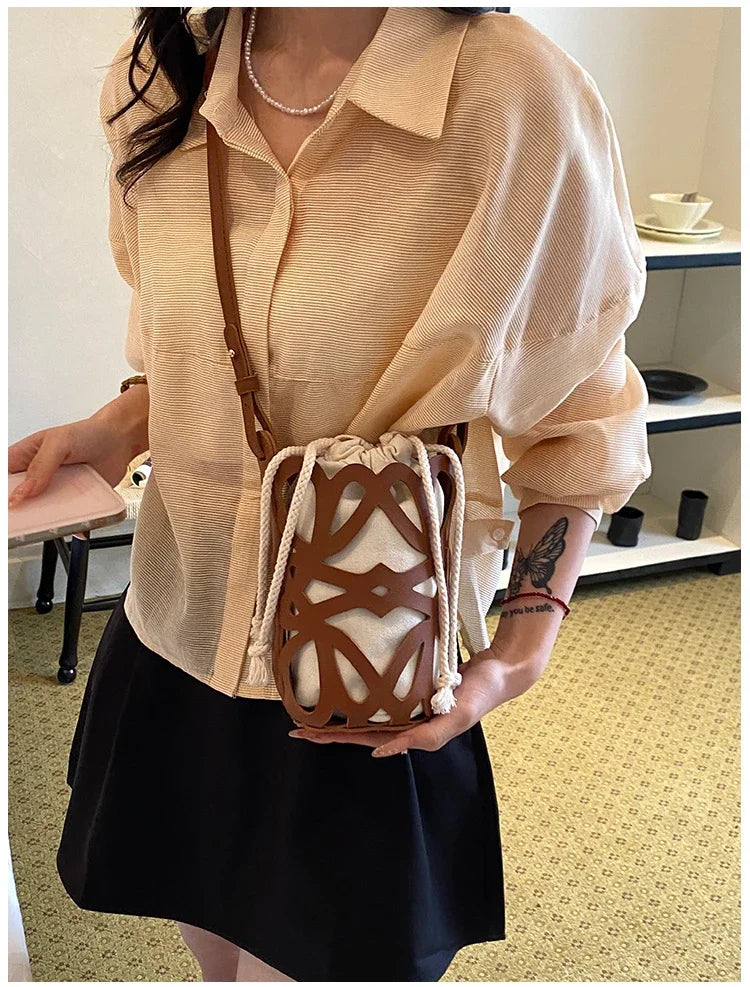Brilliant Fish Hollow Out Drawstring Mini Bucket Crossbody Bag – Adjustable Strap Shoulder Bag for Women