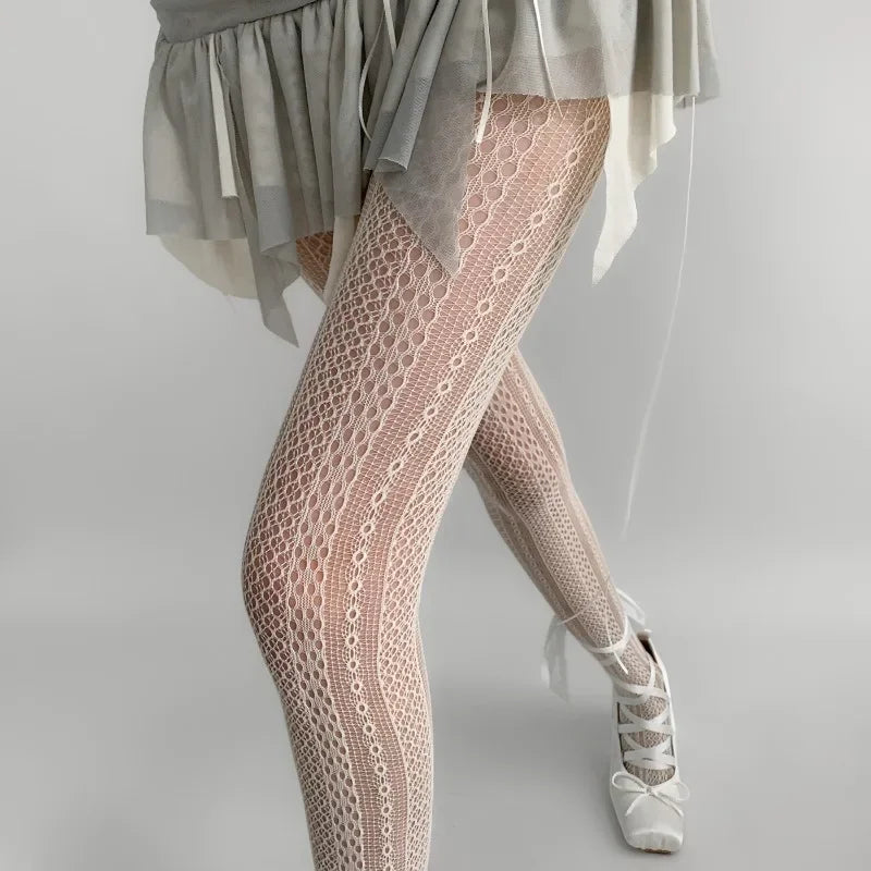 Gothic Fishnet Pantyhose – Ripped Lace Silk Stockings Y2K Punk Hollowed-Out Retro Tights