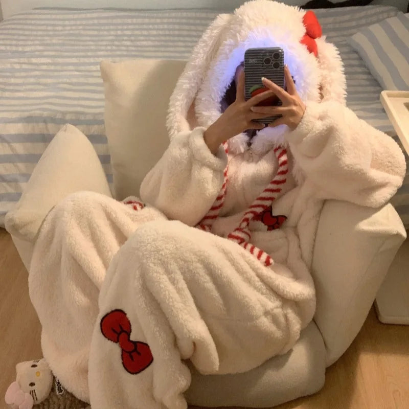 Women's Sweet Bow Rabbit One-Piece Fleece Pajamas | Thickened Coral Fleece Plus Size Loungewear