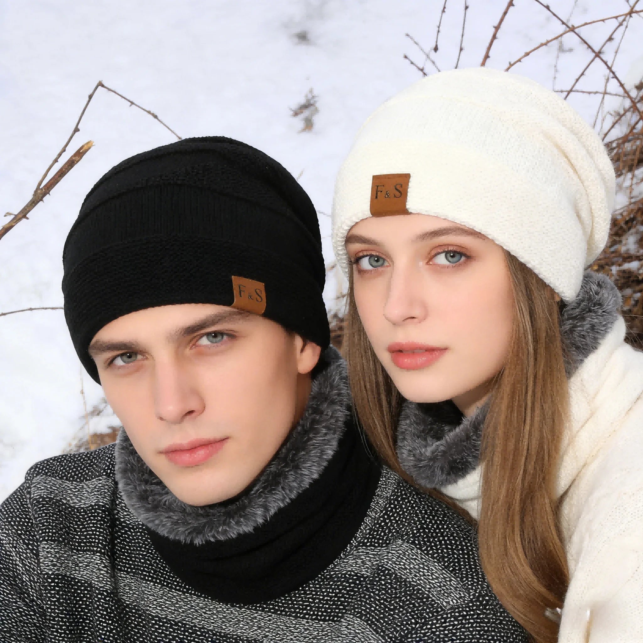 Unisex Slouchy Fur Lined Winter Beanie Hat — Warm Label Decor Knitted Cap for Men & Women