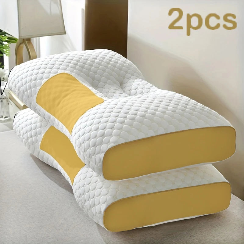 Two white and yellow pillows on a bed with '2pcs' text above.