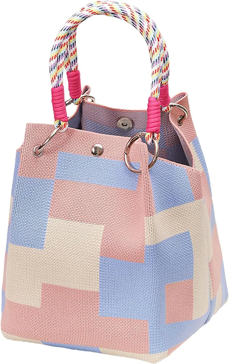 Mini Knitted Geometric Colorblock Bucket Bag – Detachable Handle Wristlet Purse for Women