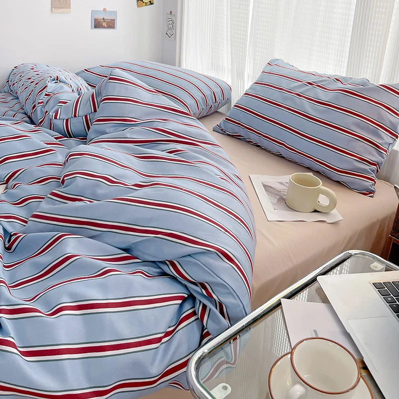 Red & Blue Striped Duvet Cover Set – Washed Cotton Bedding, 3 or 4 Piece, Twin to King