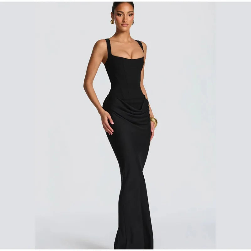 Brown Square-Neck Pleated Mini Dress — Sleeveless Backless Bodycon Club Dress