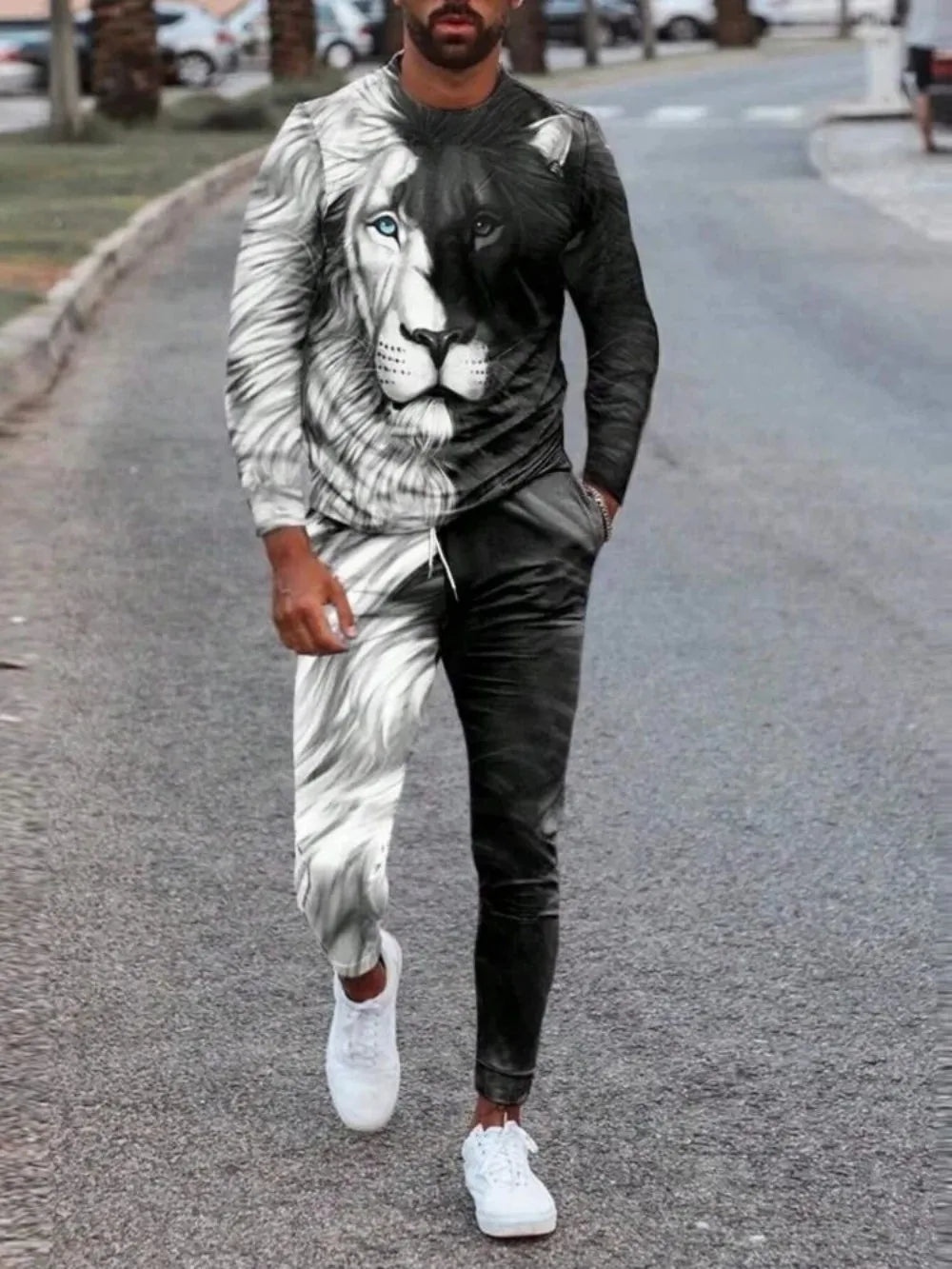 Men's Lion Print Long Sleeve T-Shirt & Drawstring Pants Set – Breathable 2-Piece