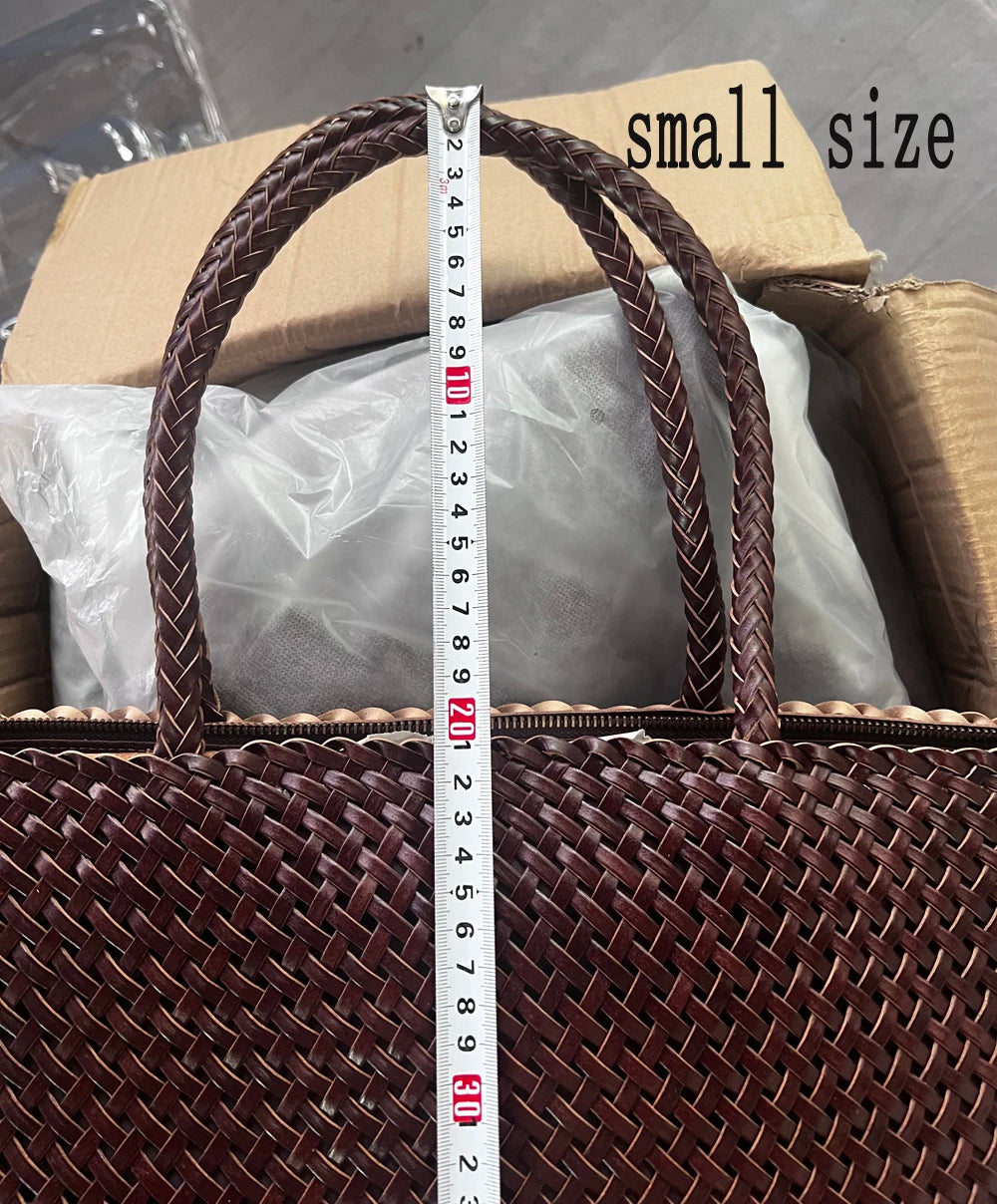 Handmade Woven Cowhide Leather Bucket Tote Bag – Romantic Beach Shoulder Handbag for Women