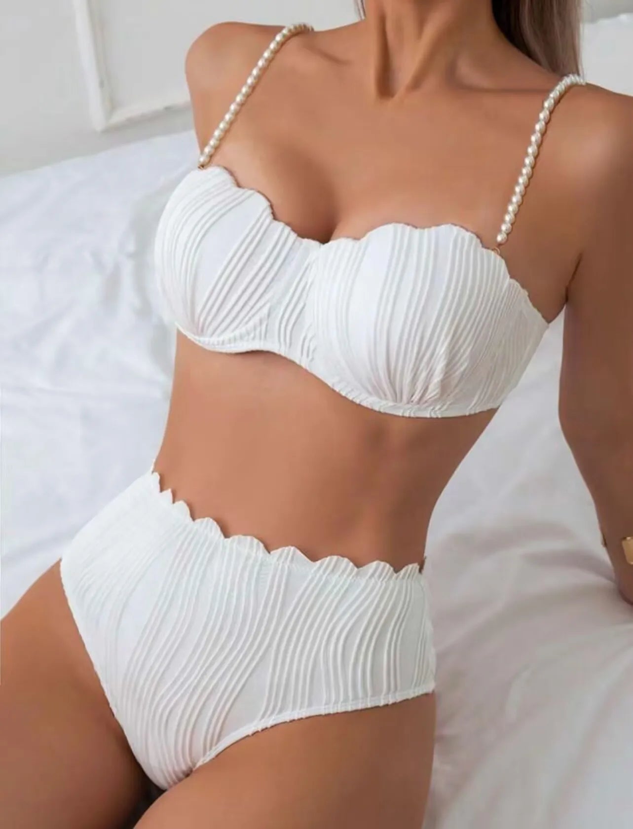 Sexy White & Black Bikini Set | Pearl Strap, Ruffles, Push-Up High Waist, 3-Piece Swimsuit 2025