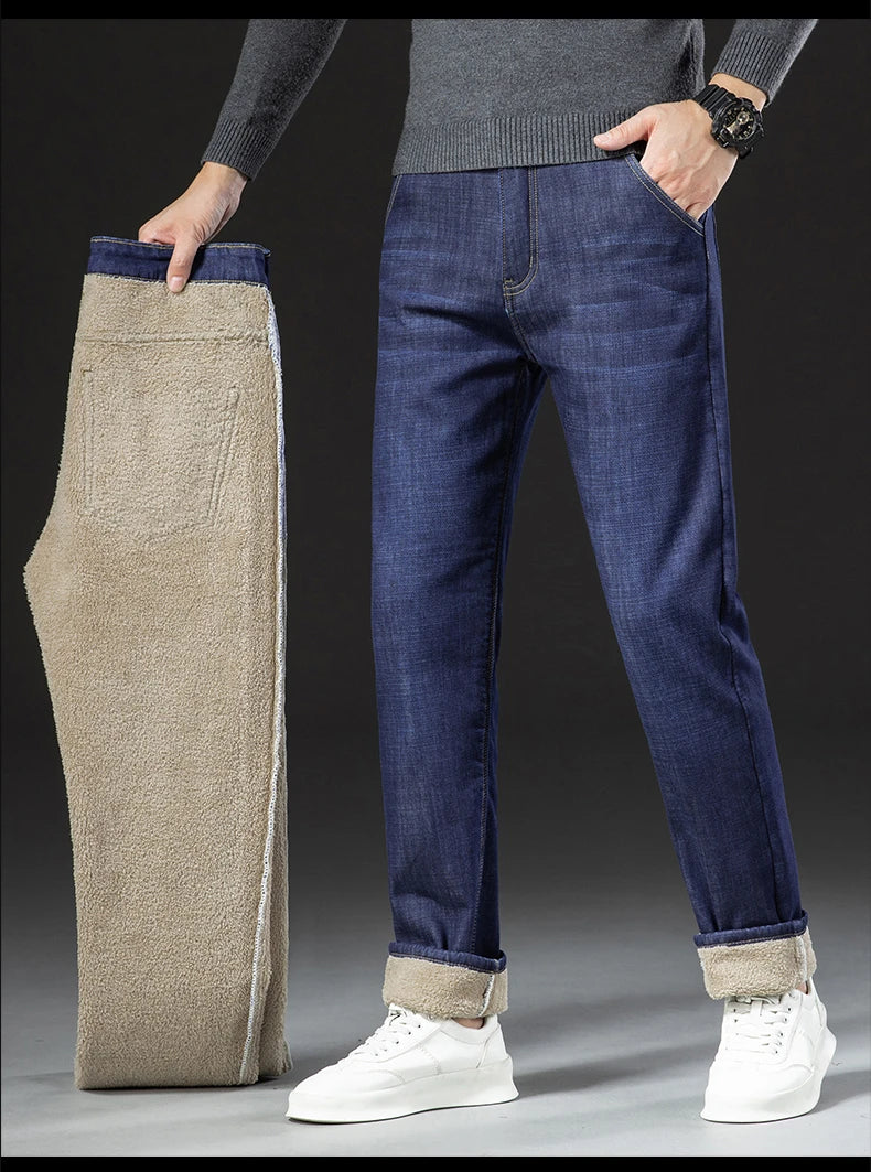Men's Fleece-Lined Straight Denim Jeans — Warm Thick Winter Stretch Jeans
