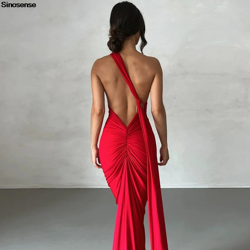 Backless Ruched Slim Bodycon Maxi Dress — Elegant Formal Wedding Guest Evening Dress