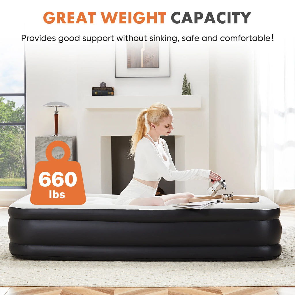 JHK Double-Height Air Mattress – 660 lbs Capacity, Non-Slip Bottom, Queen & Twin, Home & Camping