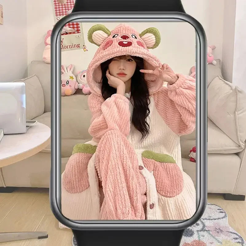 Women's Kawaii Coral Velvet Hooded Pajamas | Thickened Flannel Casual Homewear Suit