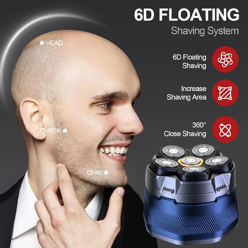 6D Magnetic Head Shaver for Bald Men – IPX8 Waterproof, LED Display, USB-C, 90-Min Charge