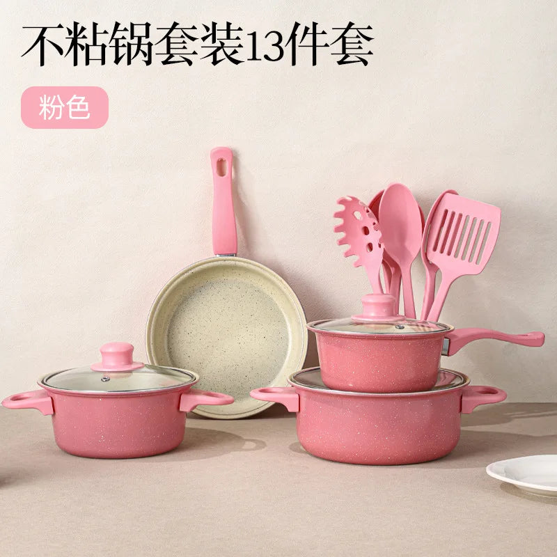 Portable pot set, kitchen pot non-stick pan, soup pan, saucepan, frying pan 13-piece set