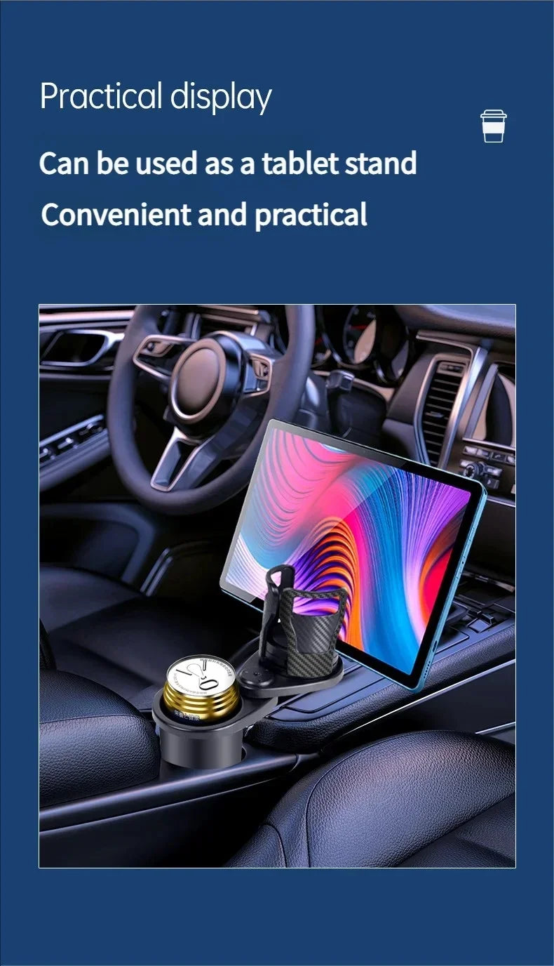 A car center console display stand holding a tablet and a small cup holder accessory, shown inside a real vehicle interior with promotional text at the top reading 'Practical display' and 'Can be used as a tablet stand Convenient and practical.'.
