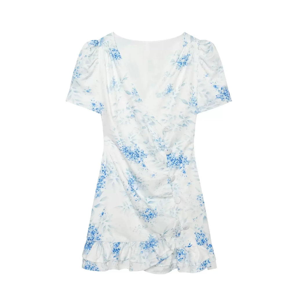 Women's Floral Ruffle Slim Dress – Deep V-Neck Double Layered Ruffled Hem Party & Daily Gown