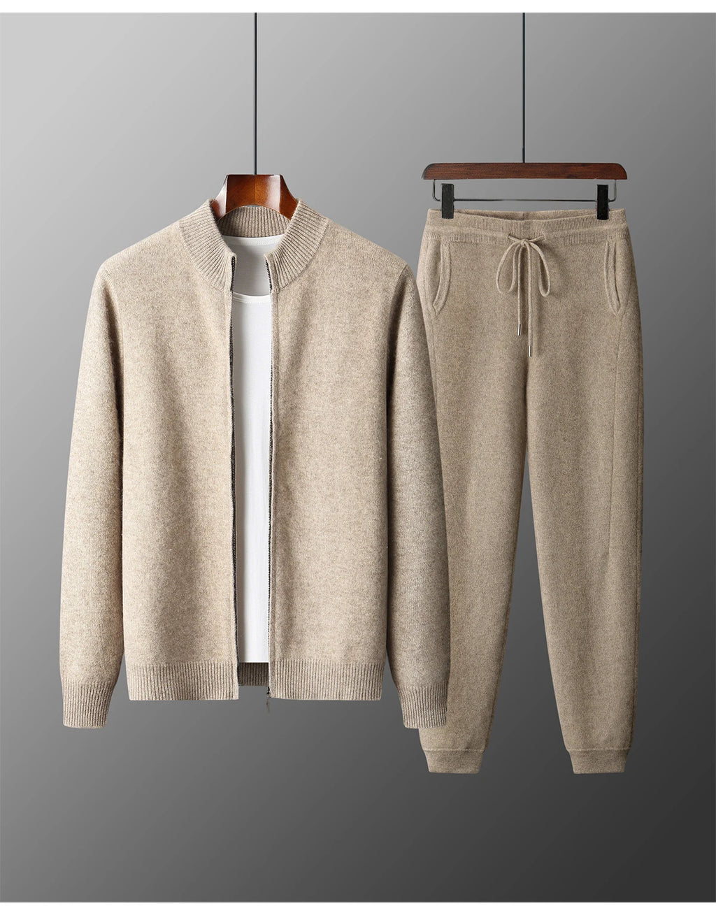 Men's 100% Merino Wool Zip Cardigan & Slim-Fit Pants Set – Warm 2-Piece Winter Suit