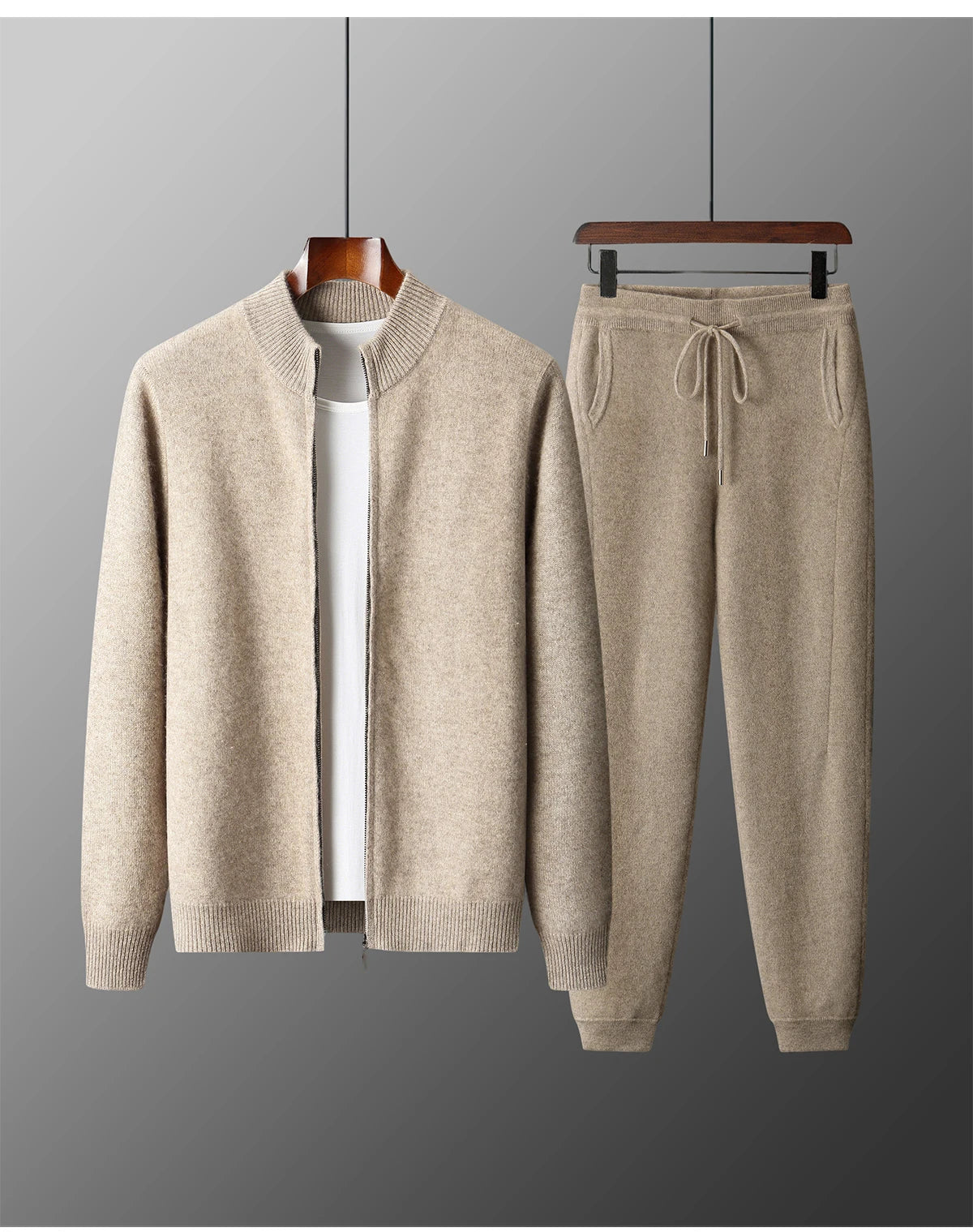 Men's 100% Merino Wool Zip Cardigan & Slim-Fit Pants Set – Warm 2-Piece Winter Suit