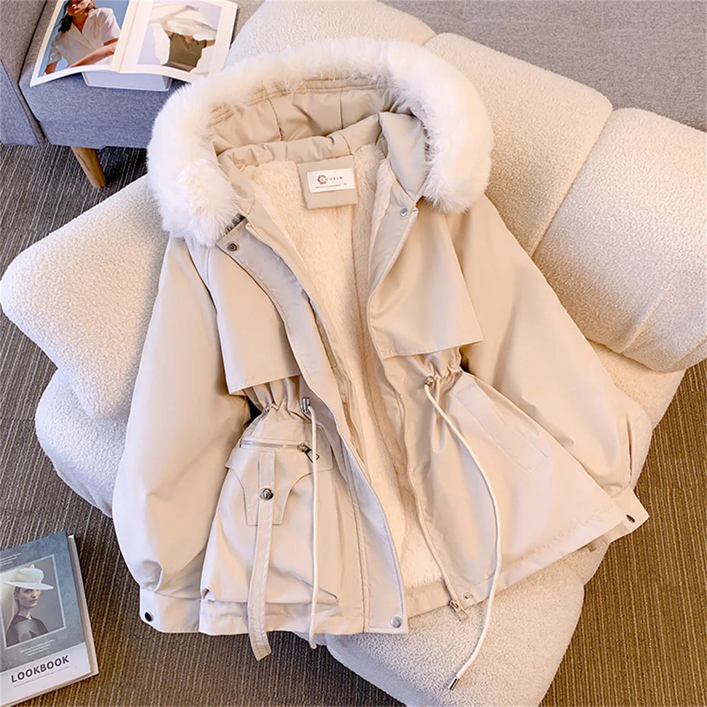 Women's Korean Hooded Padded Parka – Thick Zip-Up Drawstring Winter Coat