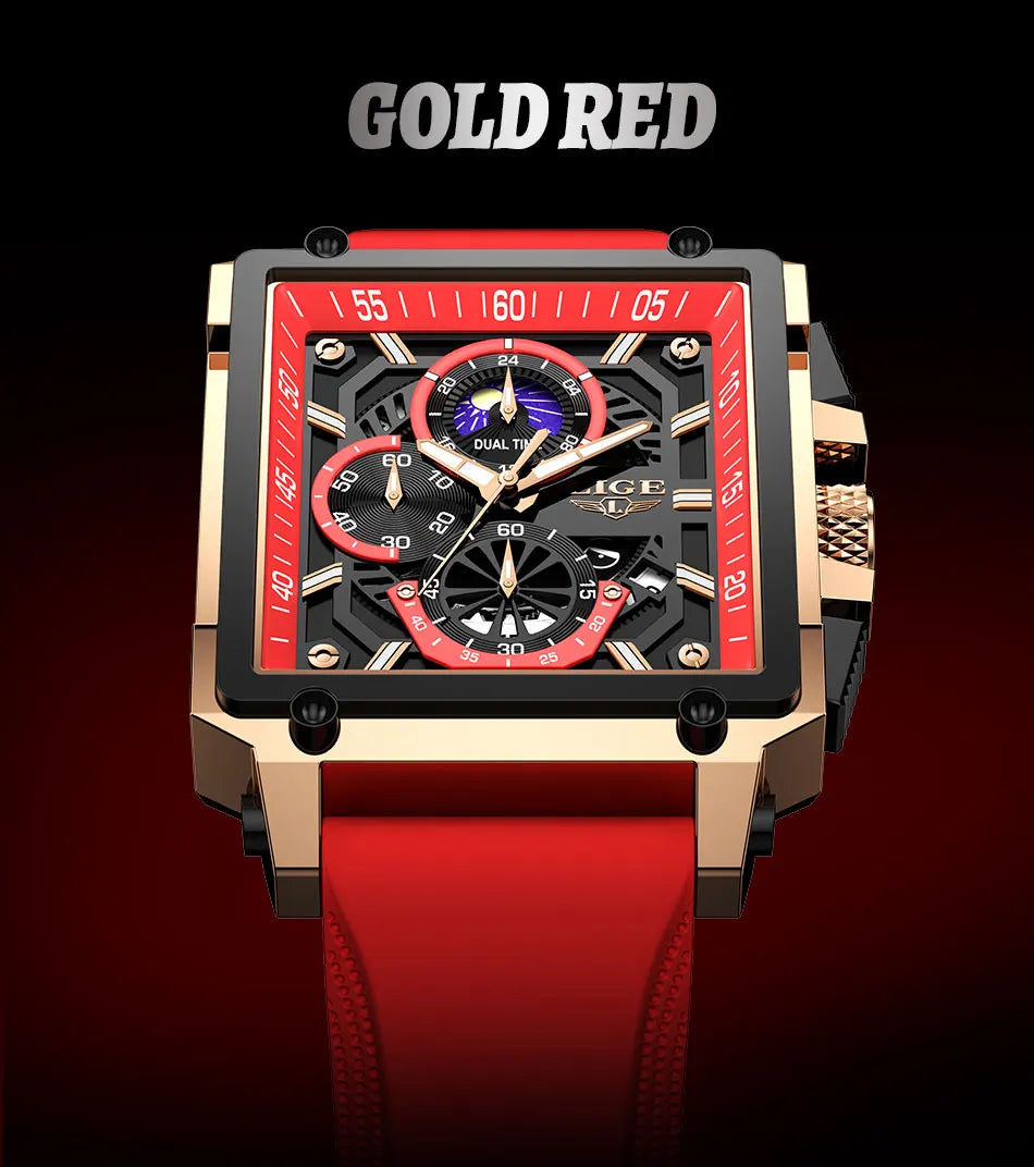 LIGE Men's Hollow Square Sport Watch | Fashion Silicone Strap Waterproof Quartz Wristwatch with Box