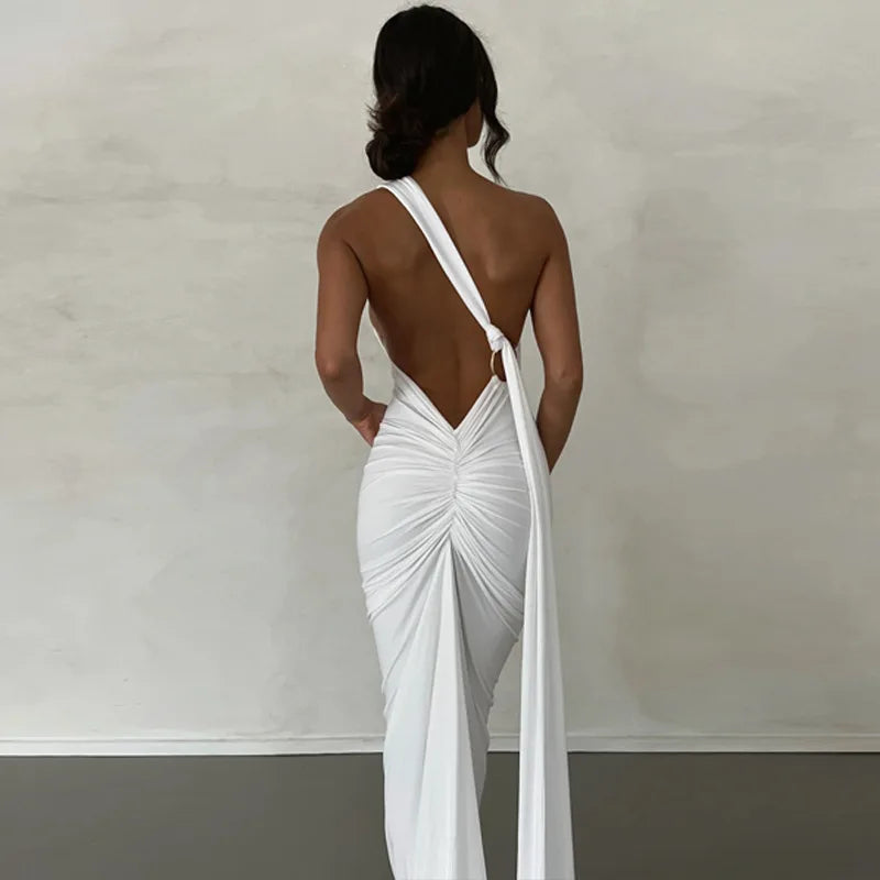 Backless Ruched Slim Bodycon Maxi Dress — Elegant Formal Wedding Guest Evening Dress