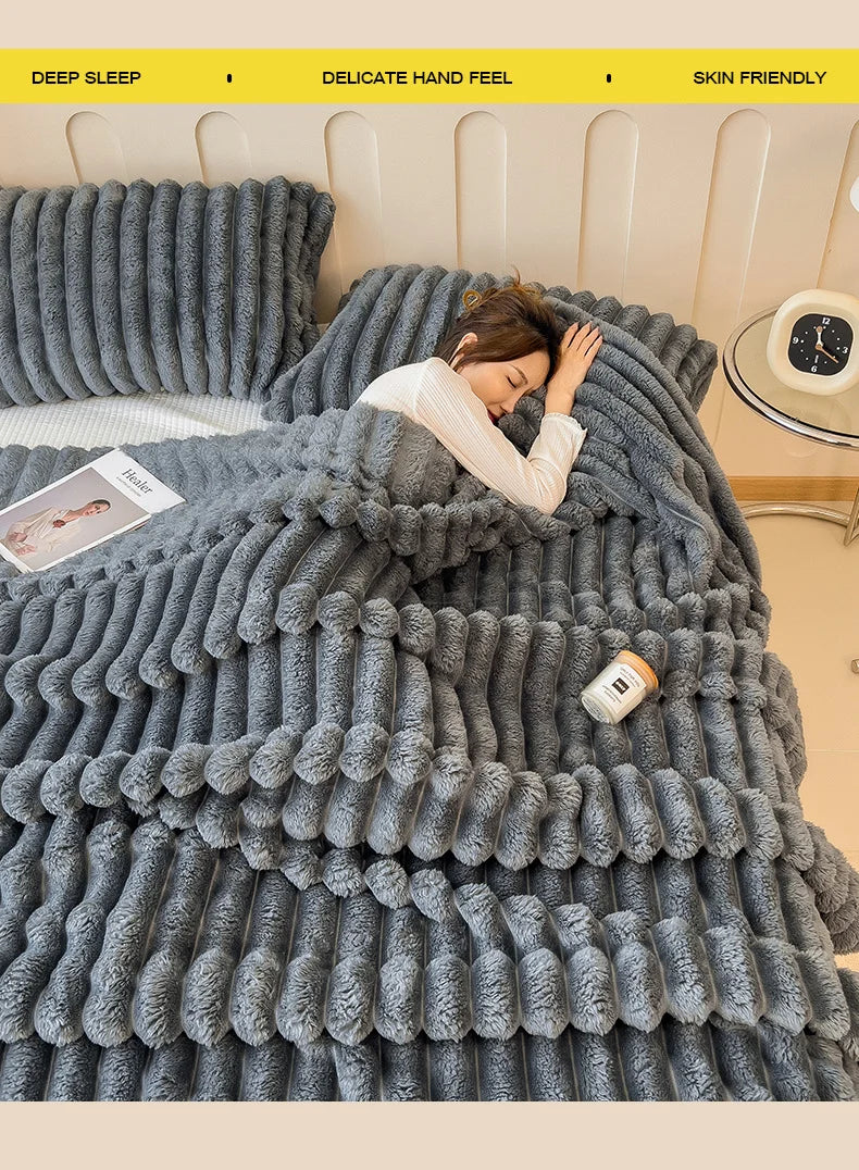 Striped Plush Blanket – Soft Faux Rabbit Fur Throw