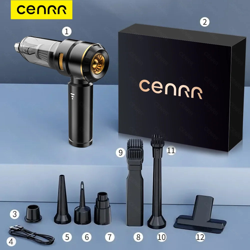 CENRR Wireless Car Vacuum Cleaner — 3-Gear Brushless Motor, 6000mAh, 9 Accessories, USB-C Charging