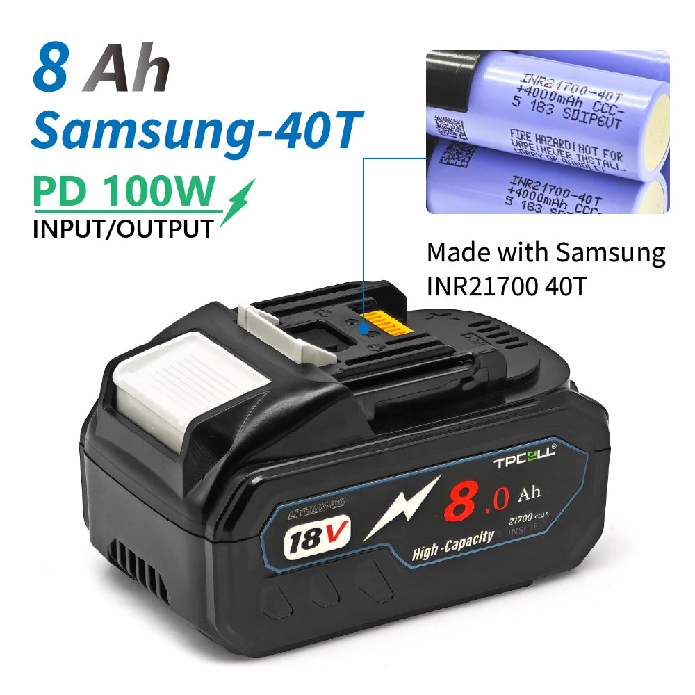 TPCELL PD100W Makita 18V Replacement Battery – 8Ah/10Ah Li-ion with USB-C Connector & 21700 Tabless Cells
