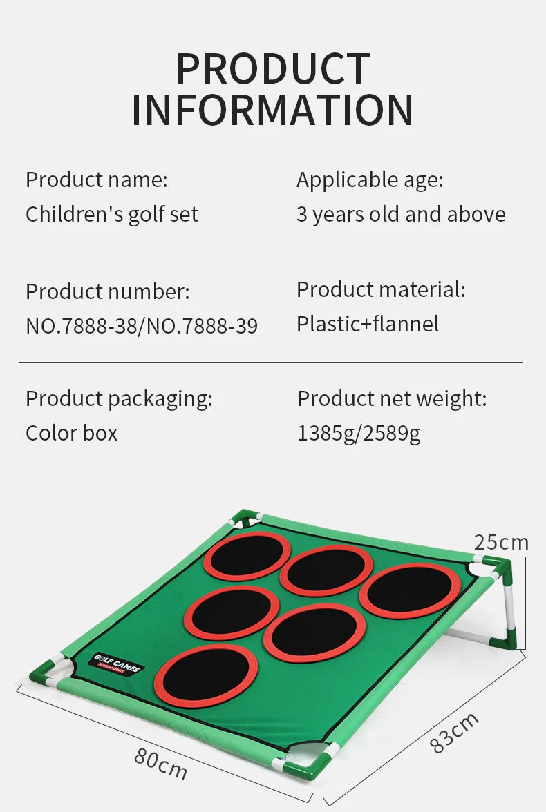 Children's golf set with dimensions and product information on a white background