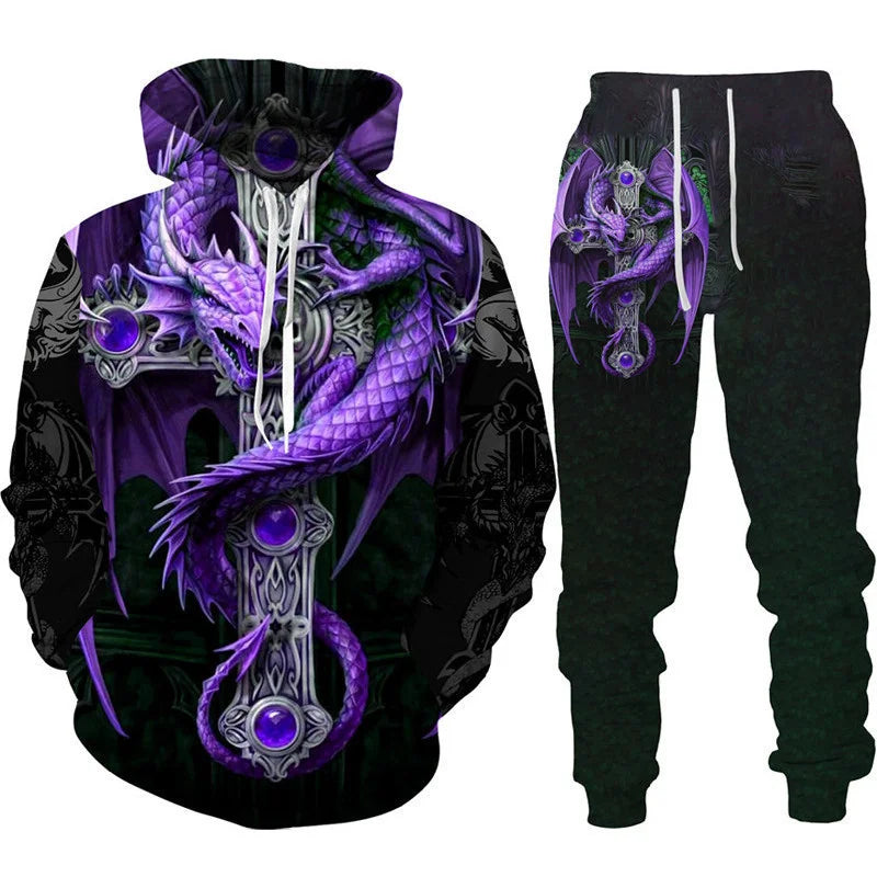 Dragon Print Hoodie Tracksuit Set – Oversized 2-Piece Sweatshirt & Pants