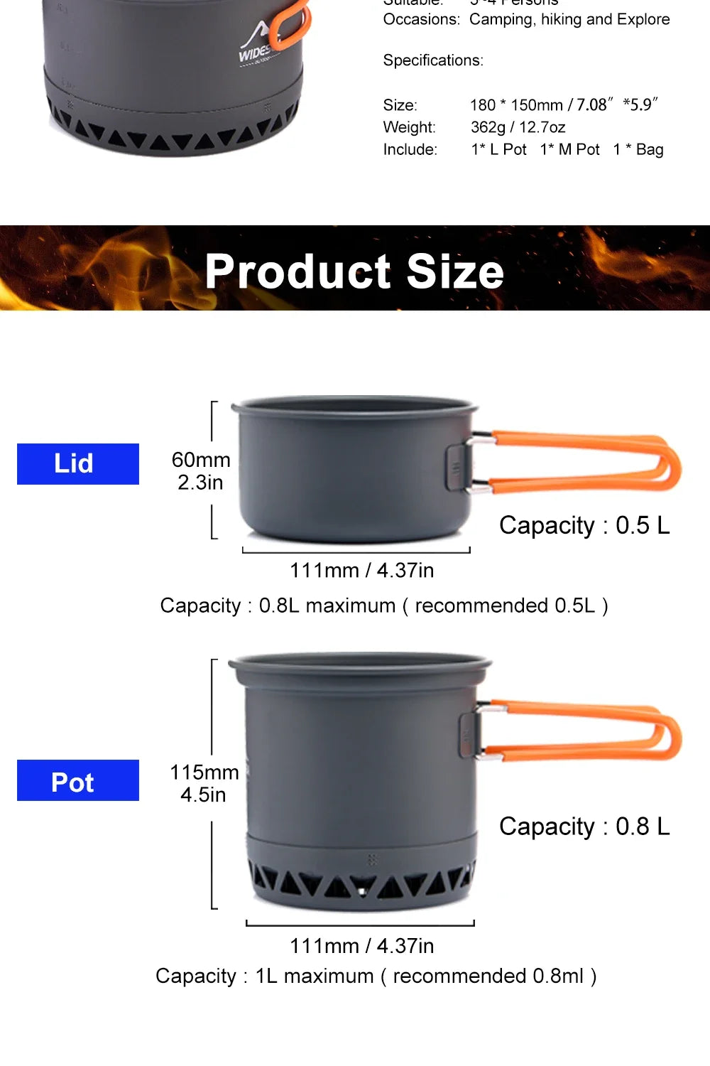 Outdoor Camping Cookware Set — 1.3L & 2.3L Cooking Pot with Kettle & Tableware