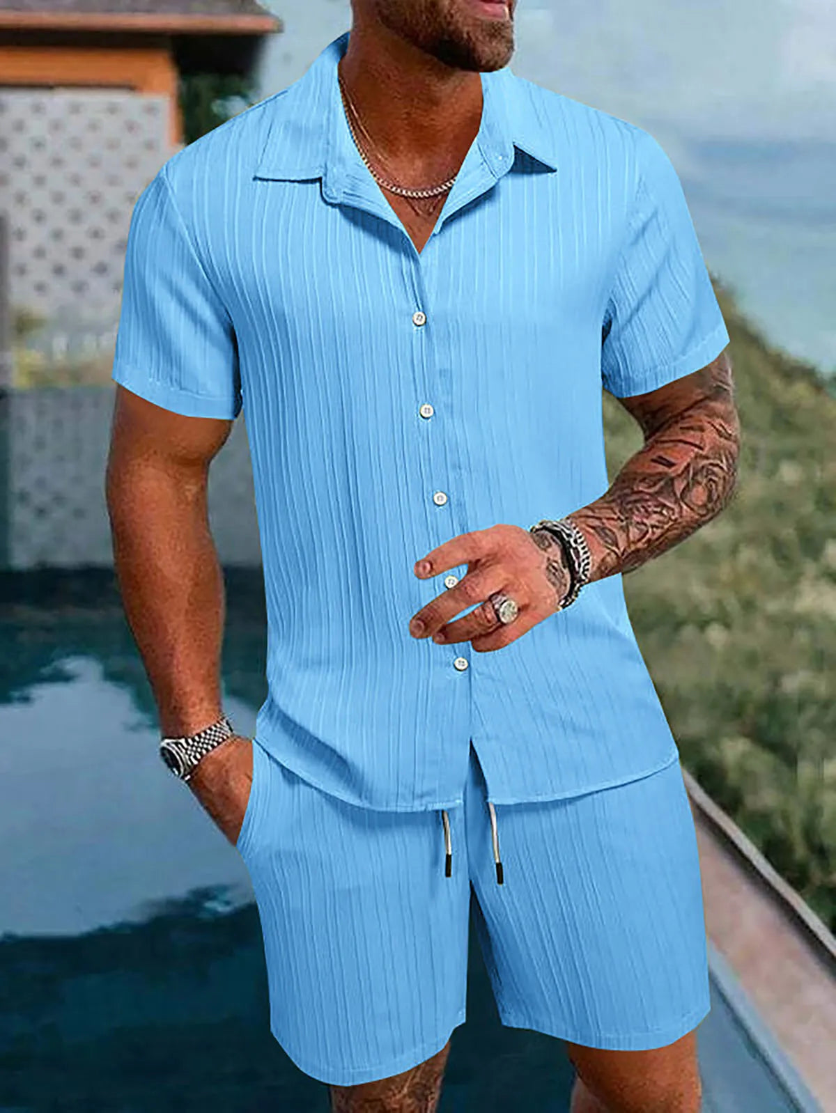 Men's Striped Polo Cardigan & Drawstring Shorts Sports Suit – Solid Color 2-Piece