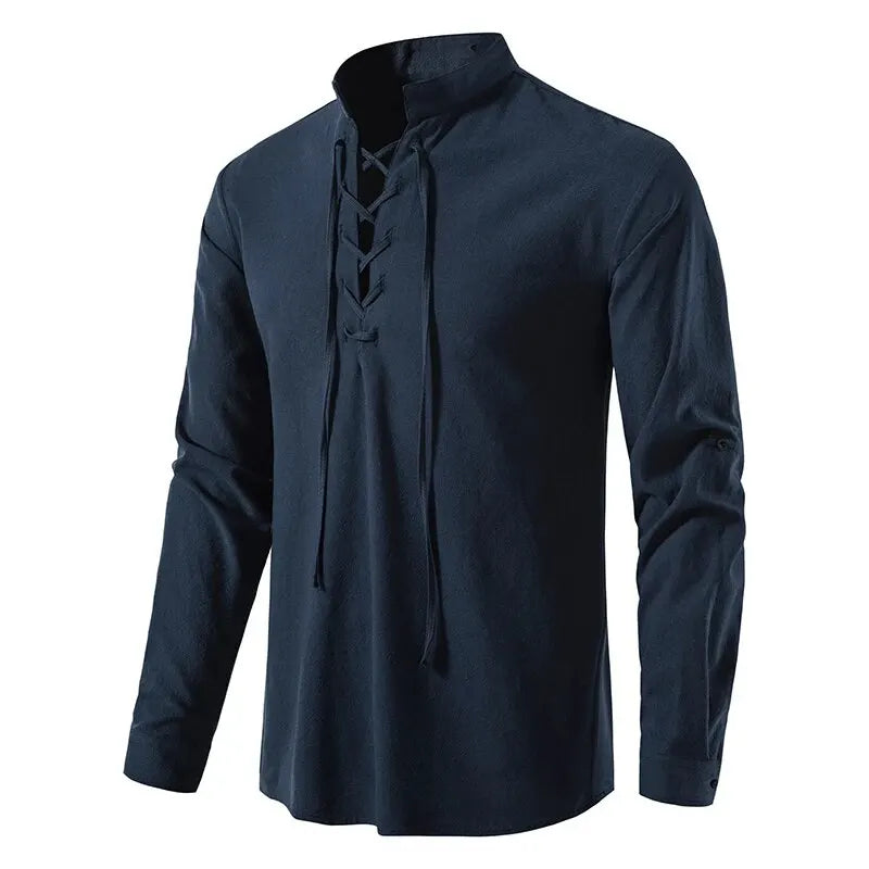 Men's Cotton Linen Drawstring Long Sleeve Shirt — Vintage Casual US Size Top
