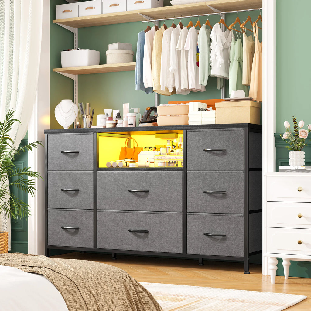 8-Drawer Media Dresser with LED Lighting & Built-In Charging Station — Fabric Storage Cabinet for 55" TVs