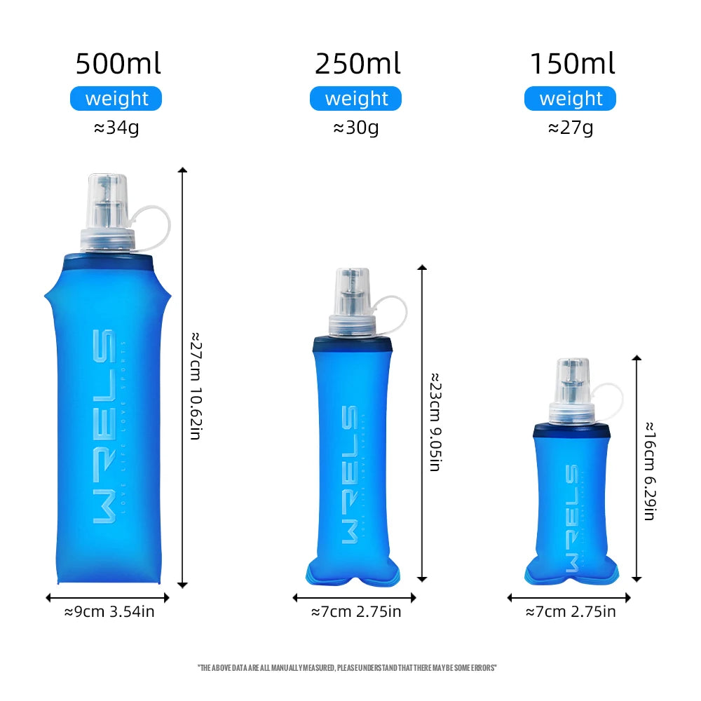 WRELS Collapsible Soft Flask Water Bottle – BPA-Free TPU Foldable Running Bottle for Hiking, Camping & Travel, 150/250/500ml