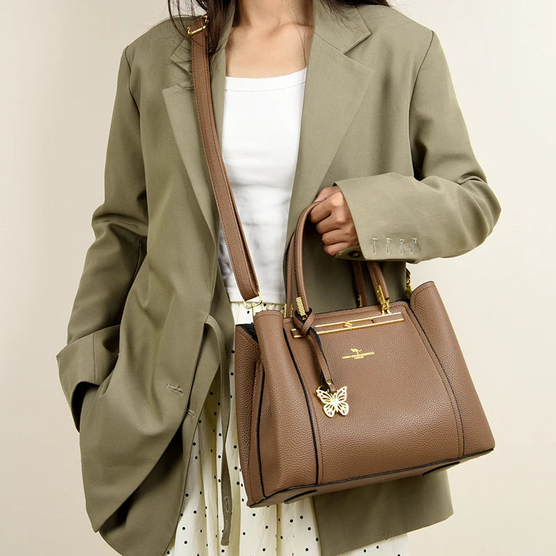 Luxury Genuine Leather 3-Layer Tote Bag – Large Capacity Crossbody Shoulder Bag for Women