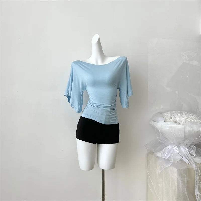Women's Slash Neck Flare Sleeve Slim Pleated T-Shirt – Sexy Solid Color Pullover Top