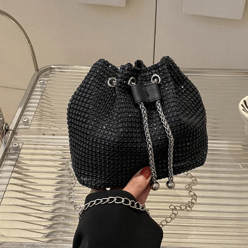 Rhinestone Drawstring Crossbody Bucket Bag – Formal Handbag for Women