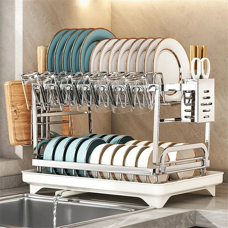 Multifunctional Stainless Steel Dish Drain Rack with Knife Holder – Countertop Bowl, Dish & Sink Organizer
