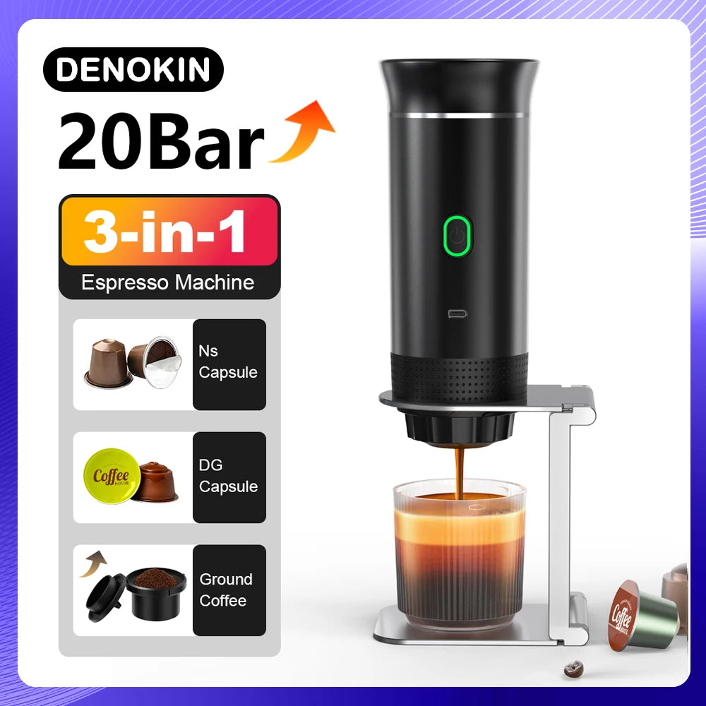 DENOKIN 3-in-1 Portable Espresso Coffee Machine — 20 Bar Pressure, USB-C Charging, Capsule & Ground Coffee Compatible for Travel, Car & Home