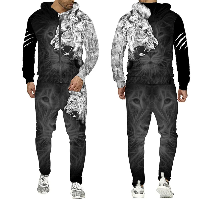 Men's 3D Lion Print Zip-Up Hoodie & Elastic Waist Pants Tracksuit Set