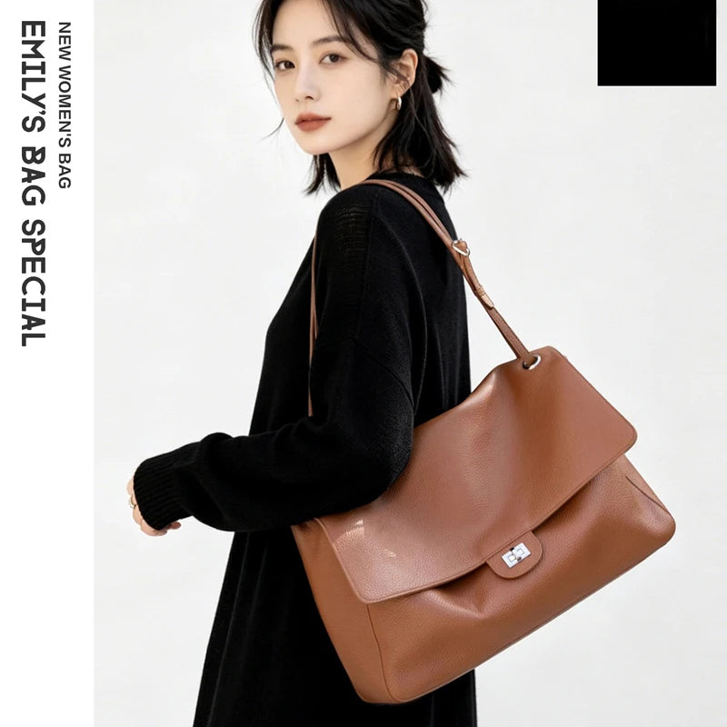 Head Layer Cowhide Leather Commuter Tote Bag – Large Capacity Crossbody Shoulder Bag for Women
