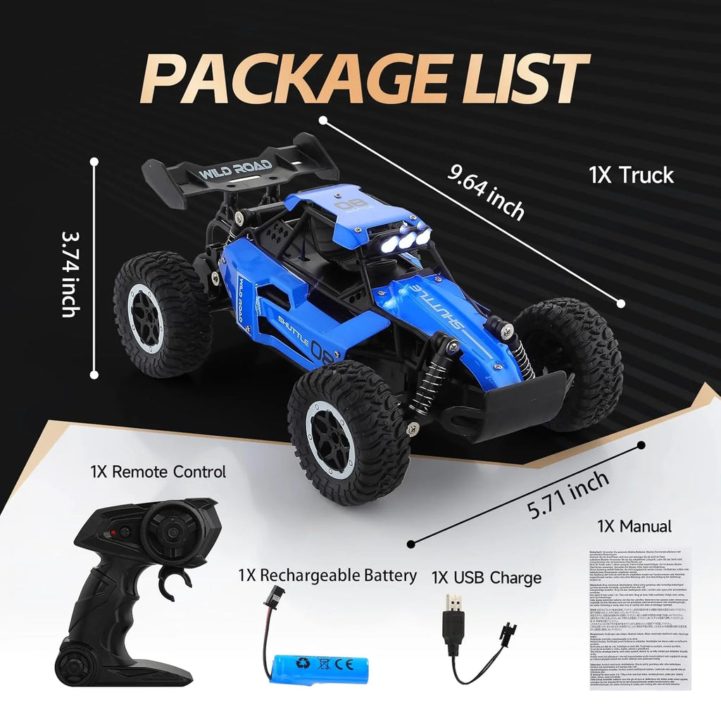 Package list of a remote control truck with dimensions and included items on a black background