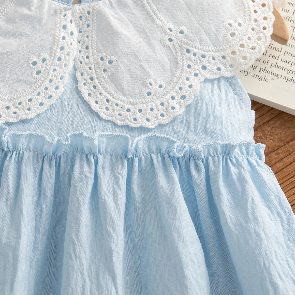 Baby Girl Cotton Beach Dress — Sleeveless Solid Color Lapel Dress