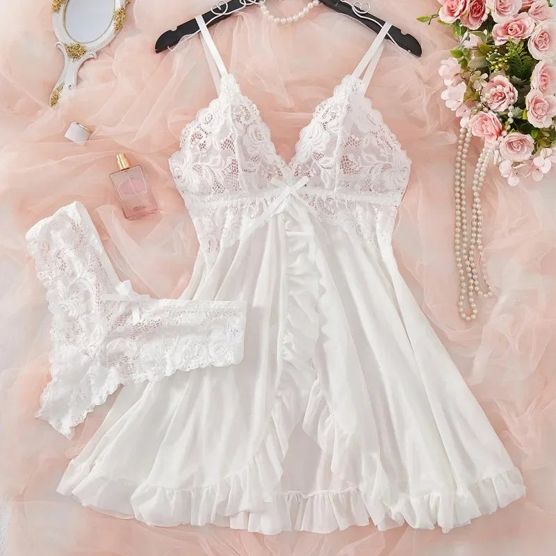 Lace Bra & Slip Nightdress Set — Wire-Free Sexy Sleepwear