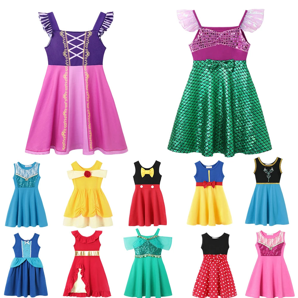 Girls' Princess Costume Dress – Mermaid & Rapunzel One-Shoulder Short Sleeve Summer Casual Vest