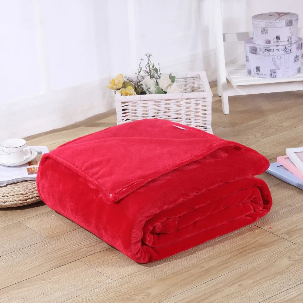 Coral Fleece Flannel Blanket – Solid Blue & Pink Soft Warm Bedspread & Sofa Cover