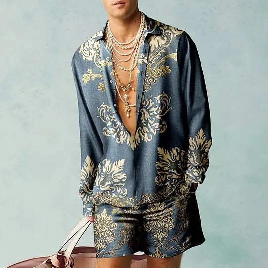 Men's Hawaiian Print Shirt & Drawstring Shorts Beach Vacation Set